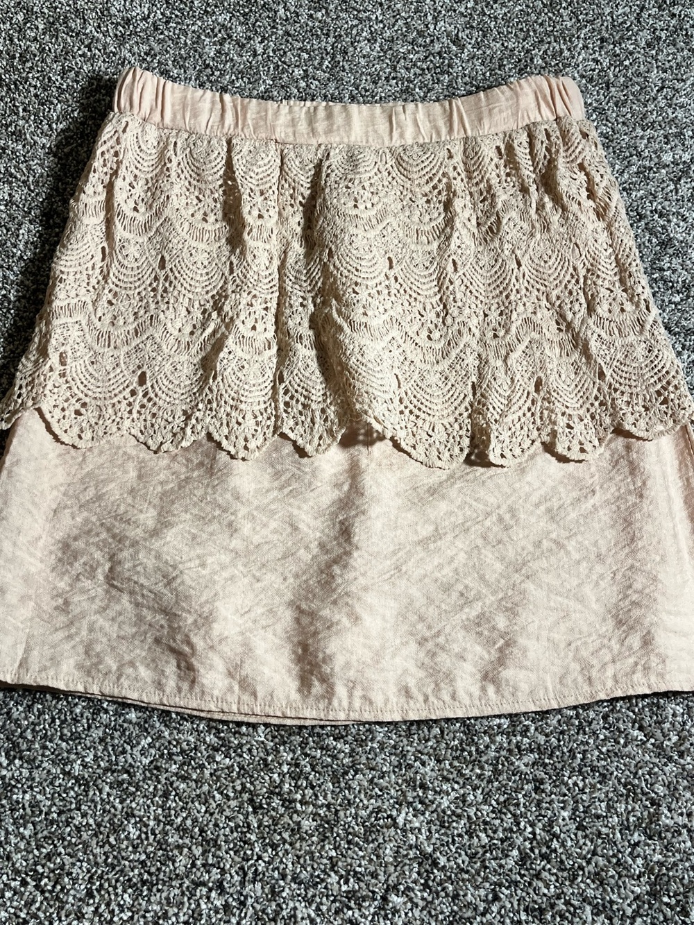 Crochet Lace Overlay Mini Skirt Women L Blush Pink Elastic Waist COTTAGECORE